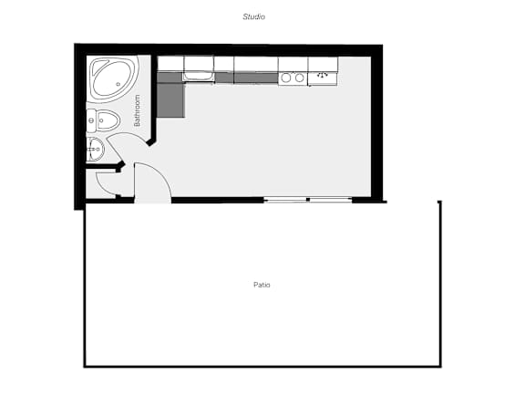 A floor plan of a studio with a bathroom and patio.